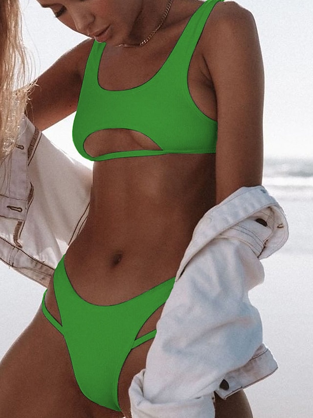 Womens Clothing Womens Swimwear | Womens Swimwear Bikini 2 Piece Normal Swimsuit Water Sports Open Back Cut Out Solid Color Gree