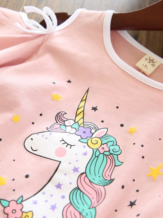 Baby & Kids Girls Clothing | Kids Girls Clothing Set 2 Pieces Short Sleeve White Pink Cartoon Unicorn Letter Ruched Mesh Print C