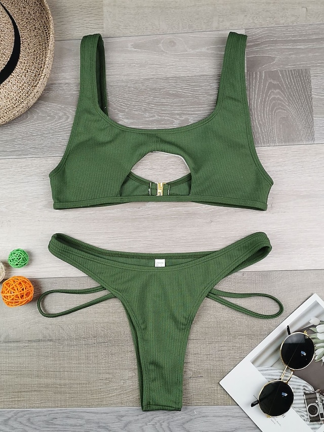 Womens Clothing Womens Swimwear | Womens Swimwear Bikini 2 Piece Normal Swimsuit Water Sports Open Back Cut Out Solid Color Gree