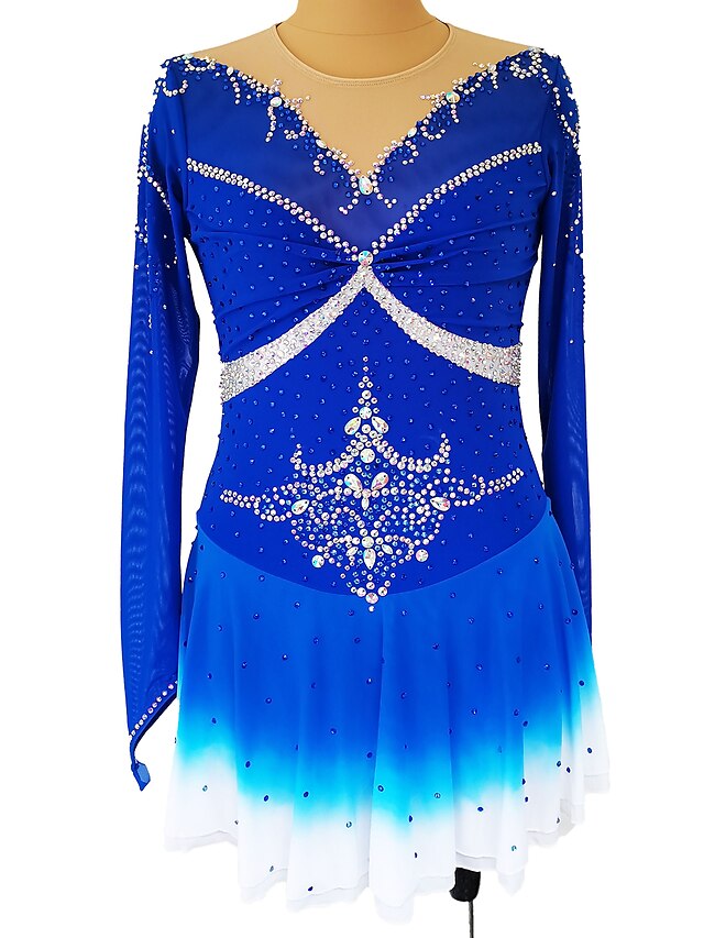 Sports & Outdoors Ice Skating | Figure Skating Dress Womens Girls Ice Skating Dress Outfits Dark Blue Glitter Patchwork Spandex 