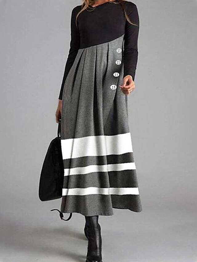  Women's Shift Dress Maxi long Dress Gray Long Sleeve Striped Color Block Button Fall Winter Round Neck Casual Modern 2022 M L XL XXL 3XL