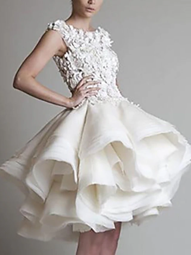 Ball Gown Cocktail Dresses 1950s Dress Valentine's Day Homecoming Short / Mini Sleeveless Jewel Neck Organza with Appliques Tiered Shouder Flower 7