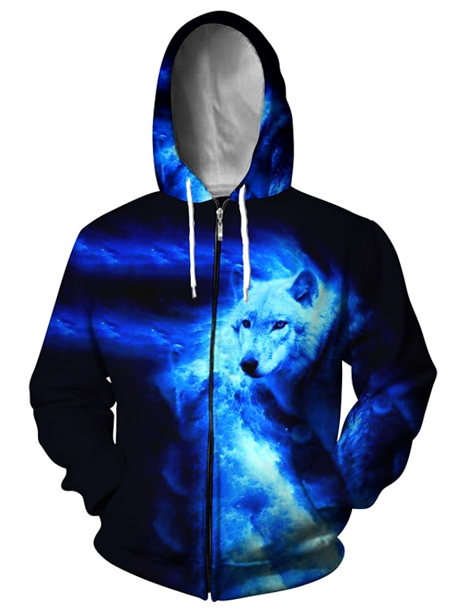  Men's Full Zip Hoodie Jacket Zipper Print Designer Casual Big and Tall Graphic Graphic Prints Wolf Print Hooded Daily Sports Long Sleeve Clothing Clothes Regular Fit Blue
