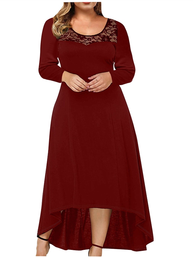 Womens Clothing Plus Size Collection | Womens Plus Size Shift Dress Solid Color Round Neck Lace Long Sleeve Spring Summer Casual