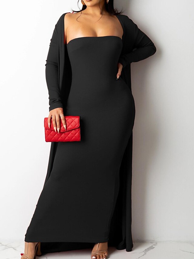 Womens Clothing Womens Dresses | Womens Sheath Dress Maxi long Dress Blue Black Red Brown Yellow Long Sleeve Pure Color Backless