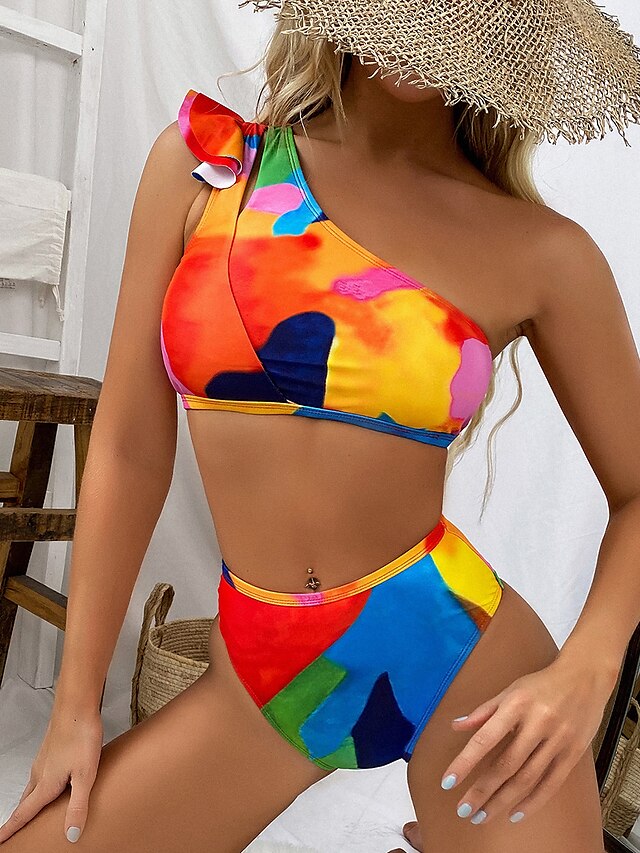 Womens Clothing Womens Swimwear | Womens Swimwear Bikini 2 Piece Normal Swimsuit Open Back Print Tie Dye Rainbow Tank Top Bathin