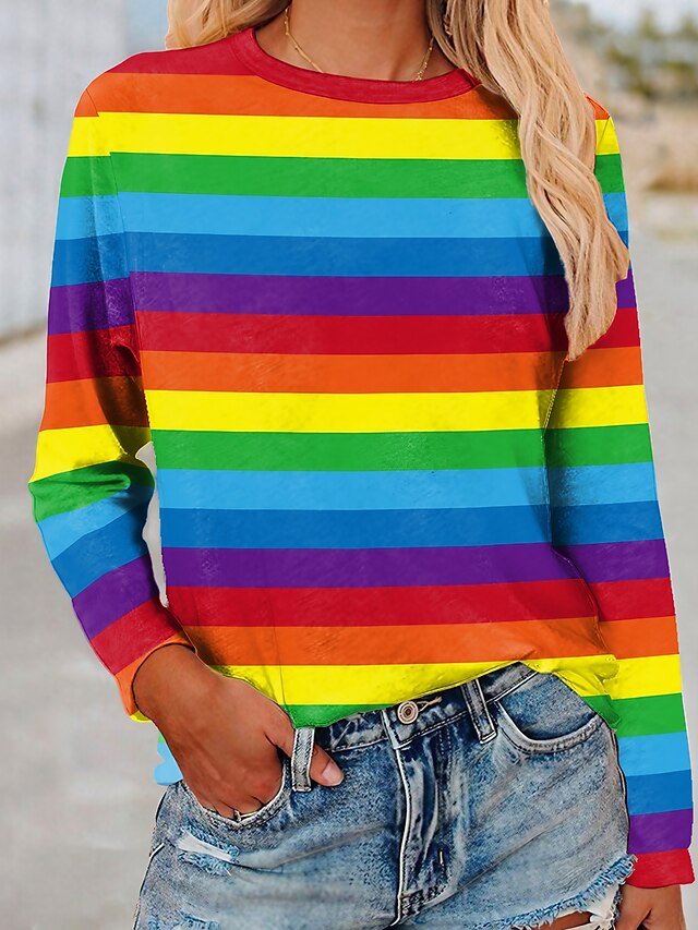 Womens Clothing Womens Tops | Womens Rainbow Striped 3D Holiday Weekend Abstract 3D Printed Painting T shirt Tee Long Sleeve Pri