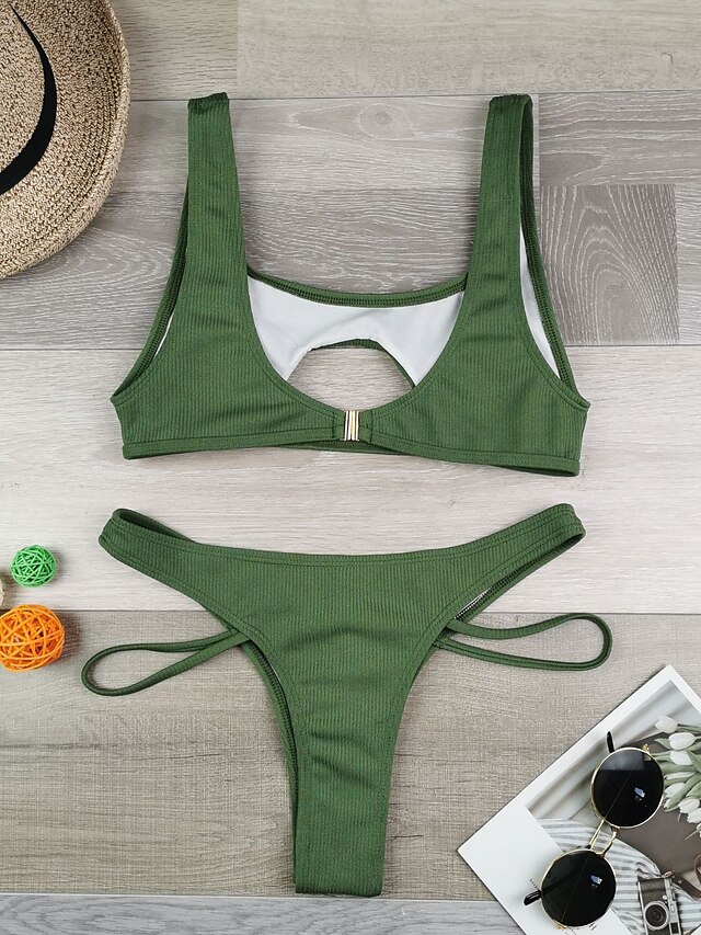 Womens Clothing Womens Swimwear | Womens Swimwear Bikini 2 Piece Normal Swimsuit Water Sports Open Back Cut Out Solid Color Gree