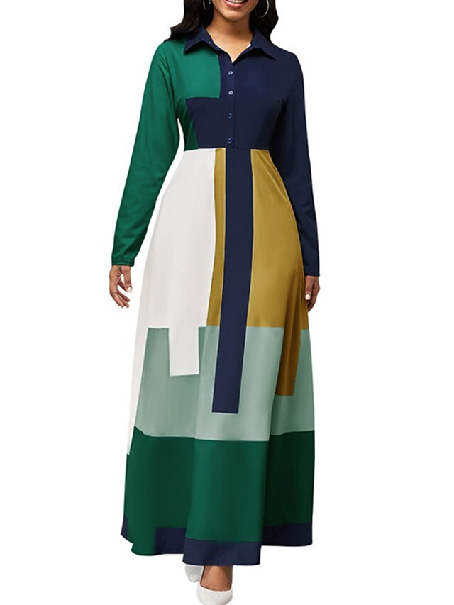 Womens Clothing Womens Dresses | Womens A Line Dress Maxi long Dress Green Blue Black Long Sleeve Geometric Button Print Spring 