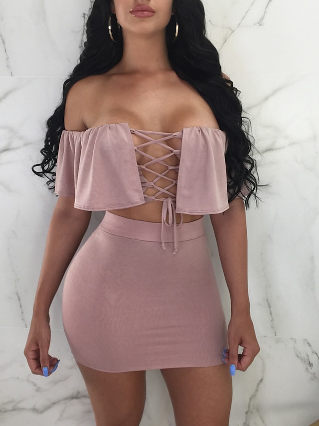 Womens Clothing Womens Tops | Womens Sexy Plain Casual Vacation Two Piece Set Off Shoulder Crop Top Skirt Sets Skirt Mini Skirt 