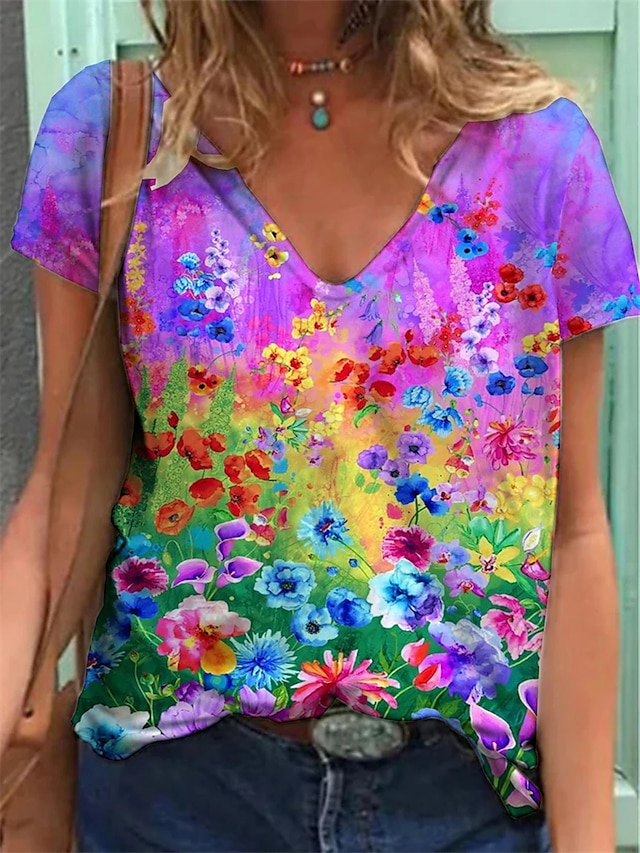 Women's T shirt Tee Rainbow Floral Plants Short Sleeve Casual Daily Basic V Neck Regular S / 3D Print
