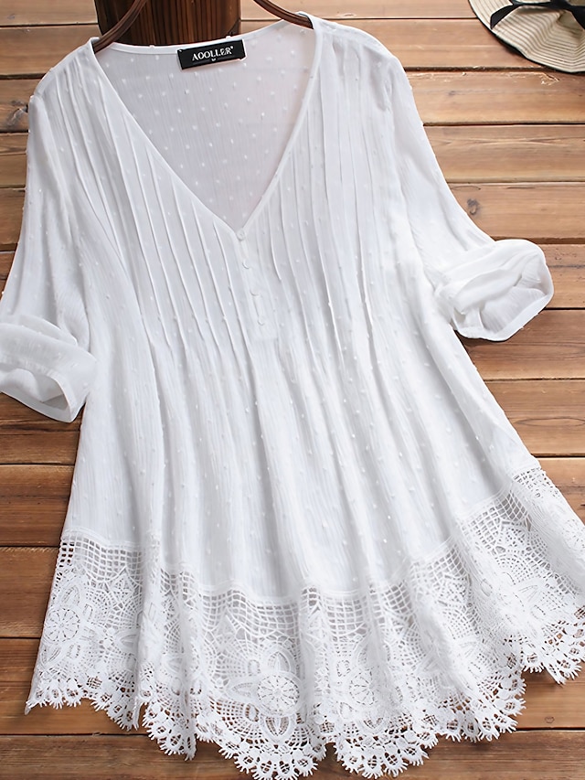  Women's Shirt Lace Shirt Blouse Eyelet top Cotton Pure Color Lace Button Daily Basic Casual 3/4 Length Sleeve V Neck White Summer Spring