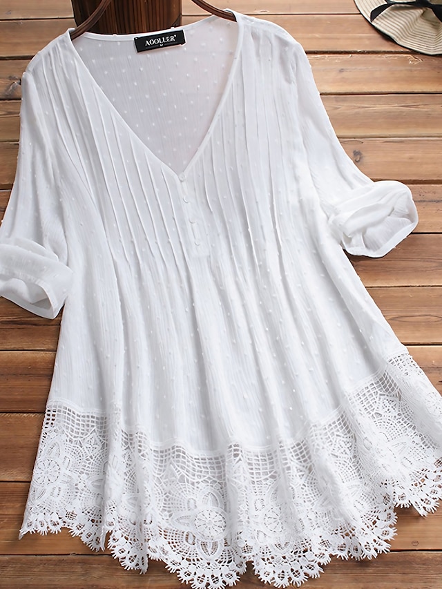 Women's Shirt Lace Shirt Blouse Eyelet top Cotton Pure Color Lace ...