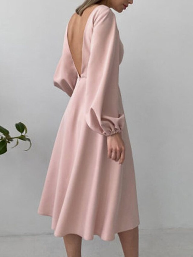 Womens Clothing Womens Dresses | Womens A Line Dress Midi Dress White Black Pink Long Sleeve Solid Color Backless Spring Summer 