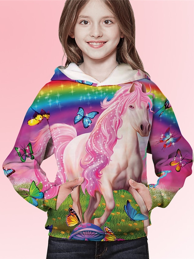  Kids Girls' Hoodie Long Sleeve Pink 3D Print Rainbow Unicorn Animal Pocket Daily Indoor Outdoor Active Fashion Daily Sports 3-12 Years