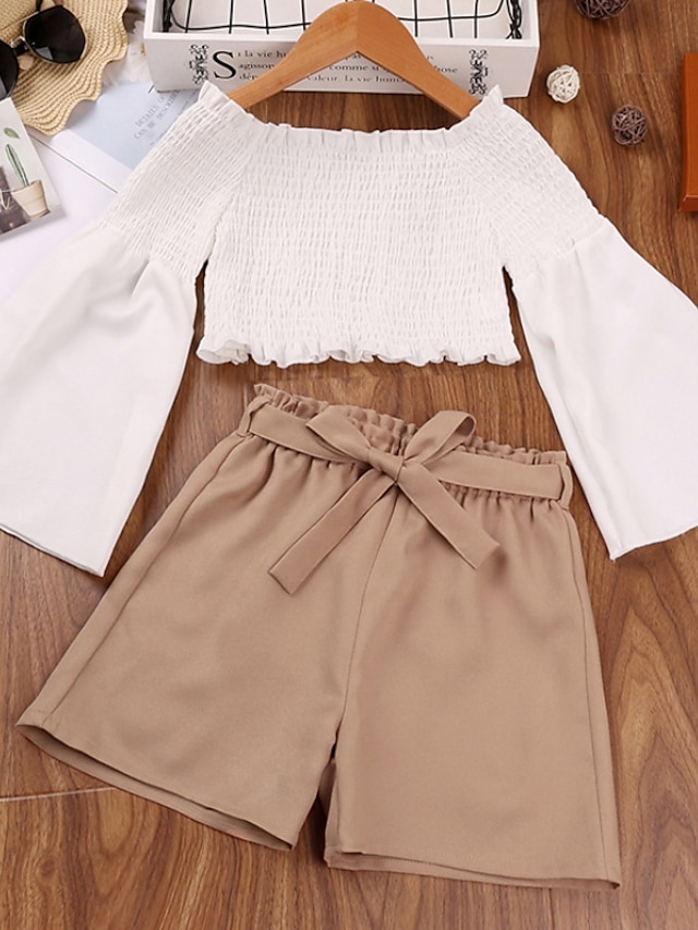 Baby & Kids Girls Clothing | Kids Girls Clothing Set 2 Pieces Long Sleeve Khaki Solid Color Drawstring Cotton Indoor Outdoor Cas