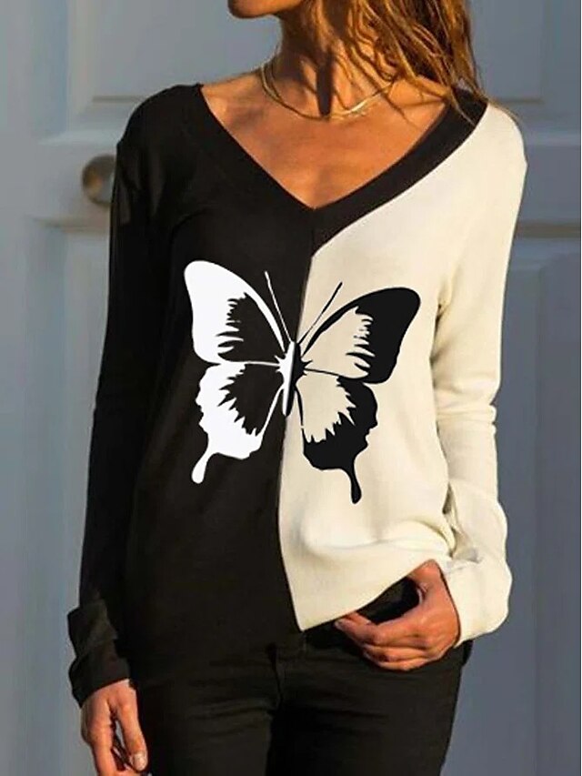 Womens Clothing Womens Tops | Womens Floral Butterfly Color Block Holiday Weekend Floral Butterfly Painting T shirt Tee Long Sle