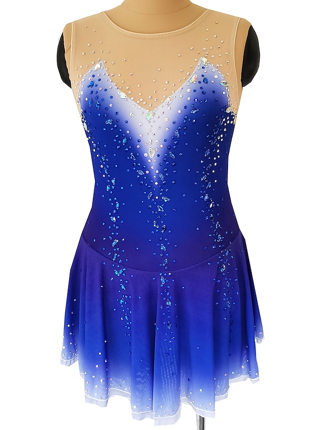 Sports & Outdoors Ice Skating | Figure Skating Dress Womens Girls Ice Skating Dress Outfits Dark Blue Glitter Patchwork Mesh Spa