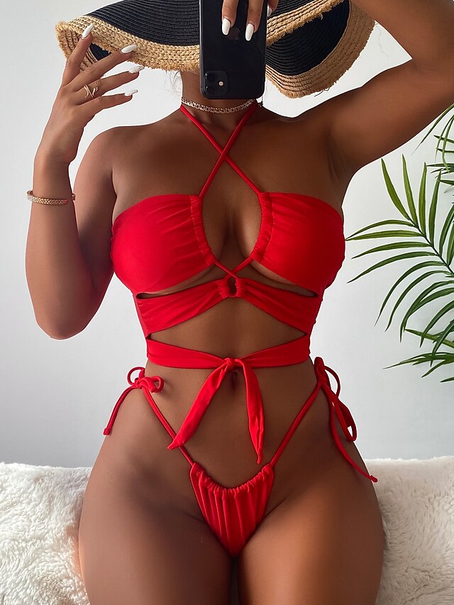  Women's Swimwear Bikini 2 Piece Swimsuit Drawstring Push Up Solid Color Red Halter Padded Bathing Suits New Vacation Sexy / Padded Bras