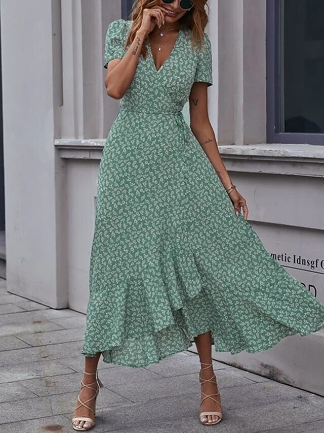 Mulheres Vestido A Line Vestido midi Verde Manga Curta Floral Imprimir  Primavera Verão Decote V à moda 2022 S M L XL de 8937125 2022 por $34.71