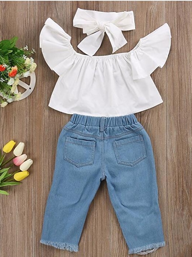 Baby & Kids Girls Clothing | Kids Girls New Year Clothing Set 3 Pieces Short Sleeve White Solid Color Cut Out Flying Sleeve Stre