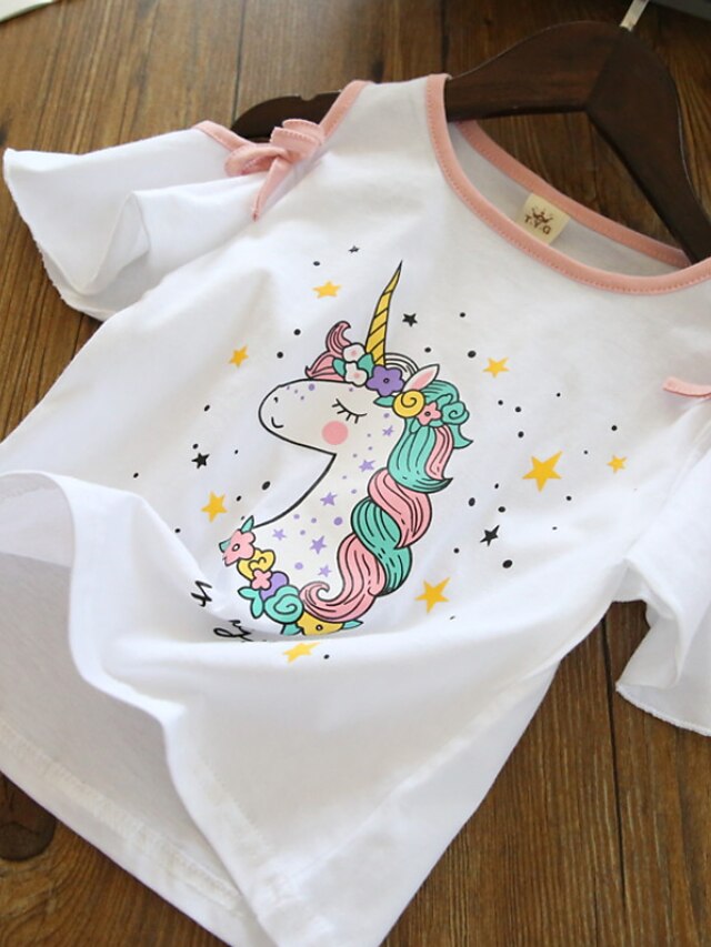 Baby & Kids Girls Clothing | Kids Girls Clothing Set 2 Pieces Short Sleeve White Pink Cartoon Unicorn Letter Ruched Mesh Print C