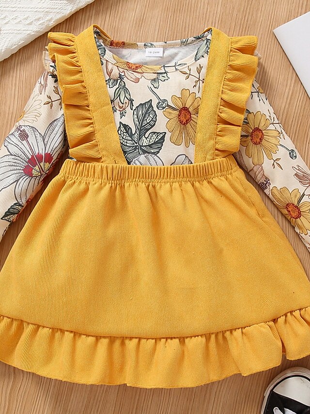 Baby & Kids Girls Clothing | Kids Girls Clothing Set 2 Pieces Long Sleeve Yellow Floral Graphic Ruched Ruffle Print Cotton Indoo