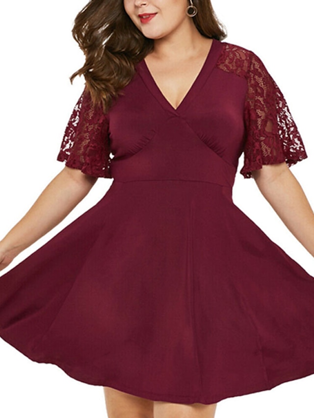 Womens Clothing Plus Size Collection | Womens Plus Size Shift Dress Solid Color V Neck Ruched Short Sleeve Spring Summer Casual 