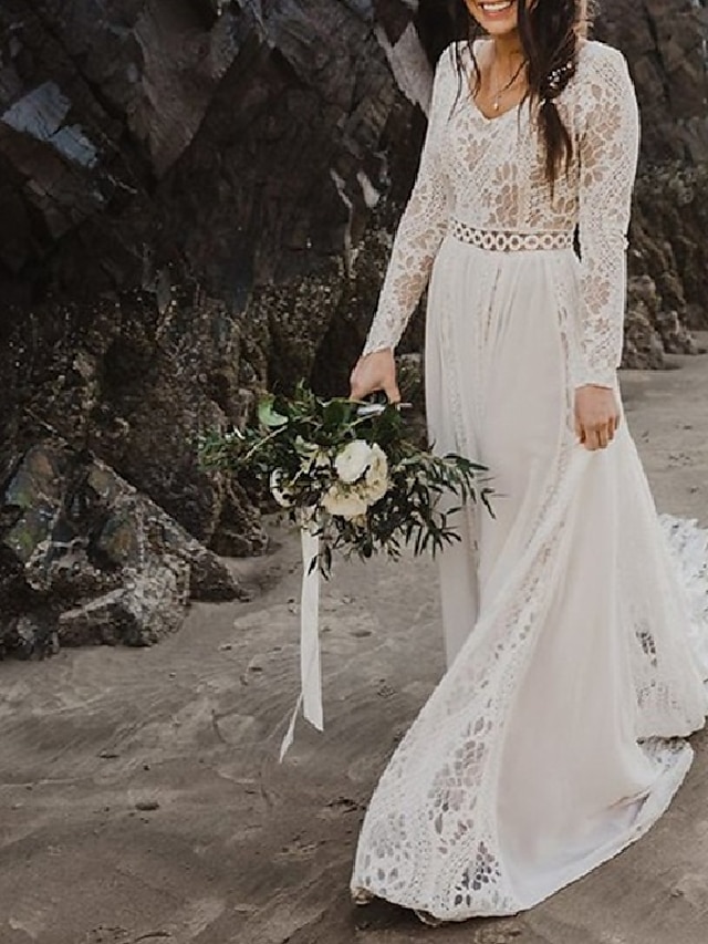  A-Line Wedding Dresses V Neck Court Train Chiffon Lace Long Sleeve Beach Boho Sexy See-Through Backless with Lace Insert 2022
