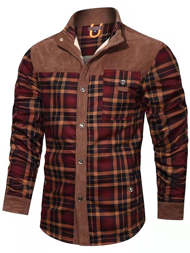 Coolred-Men Slim Oversized Lapel Long Sleeve Button Plaid Splicing Tees 