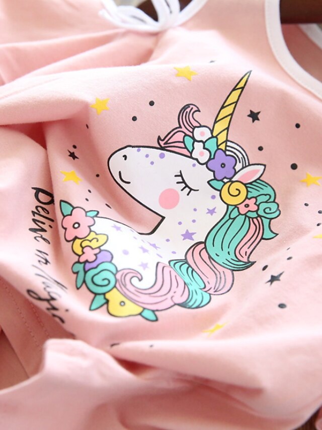 Baby & Kids Girls Clothing | Kids Girls Clothing Set 2 Pieces Short Sleeve White Pink Cartoon Unicorn Letter Ruched Mesh Print C