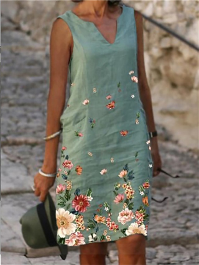  Γυναικεία Φόρεμα ριχτό Μίντι φόρεμα Θαλασσί Πράσινο του τριφυλλιού Αμάνικο Φλοράλ Στάμπα Καλοκαίρι Άνοιξη Λαιμόκοψη V Κομψό Χαλαρή Εφαρμογή 2023 M L XL XXL 3XL 4XL