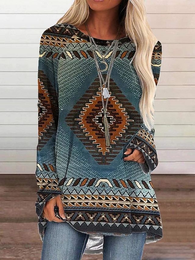  Women's Tunic Boho T-shirt T shirt Tee Graphic Plaid Color Block Print Casual Daily Going out Vintage Ethnic Boho Long Sleeve Round Neck Light Blue Fall & Winter
