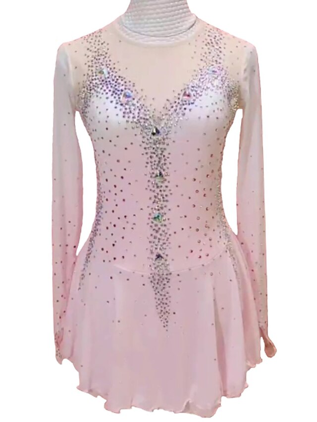 Figure Skating Dress Women's Girls' Ice Skating Dress Outfits Pink Mesh Spandex High Elasticity Competition Skating Wear Handmade Crystal / Rhinestone Long Sleeve Ice Skating Figure Skating / Winter2