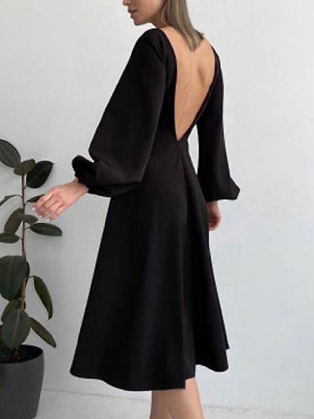 Womens Clothing Womens Dresses | Womens A Line Dress Midi Dress White Black Pink Long Sleeve Solid Color Backless Spring Summer 