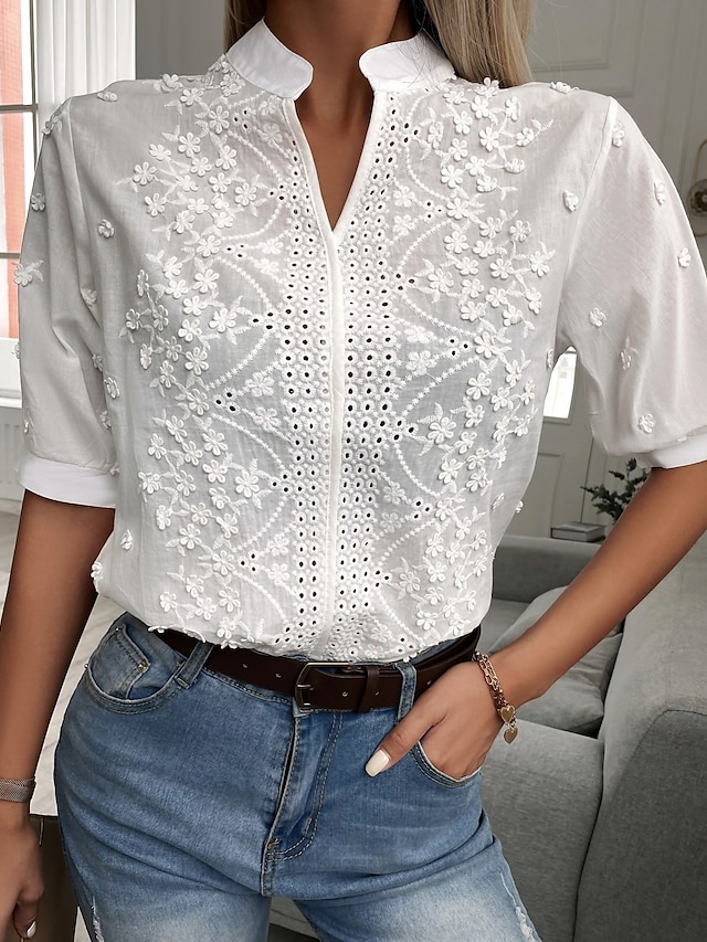 Women's Shirt Blouse White Floral Plain Lace Cut Out Short Sleeve ...