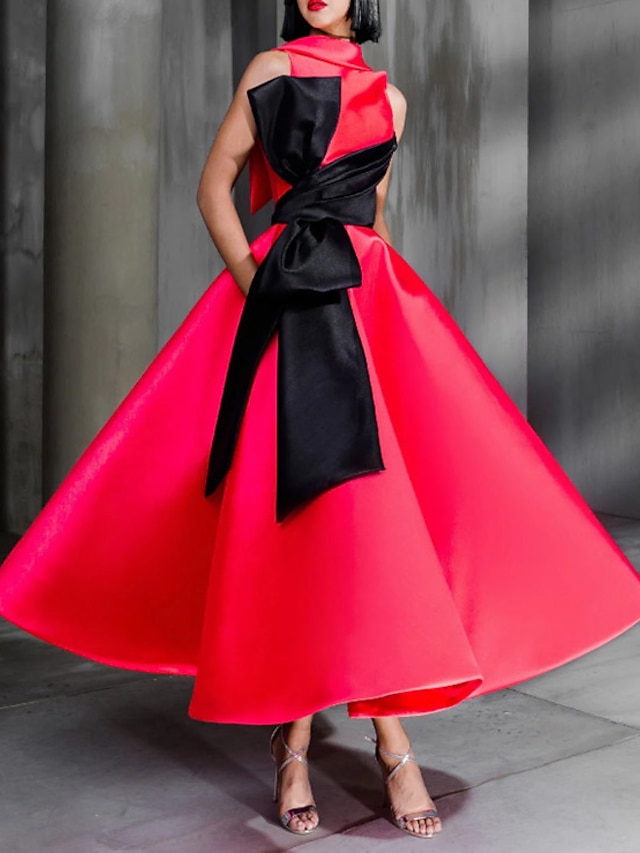  boldkjole farveblok celebrity style elegant gallakjole formel aften fødselsdagskjole rød grøn kjole højhalset ærmeløs ankellang satin med sløjfe(r) 2024