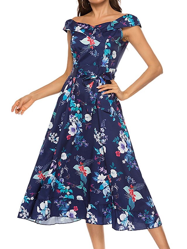 Womens Clothing Womens Dresses | Womens Sheath Dress Midi Dress Dark Blue Sleeveless Floral Patchwork With Belt Bow Spring Summe