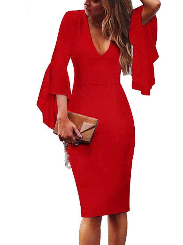 Womens Clothing Womens Dresses | Womens Sheath Dress Knee Length Dress Black Royal Blue Red 3/4 Length Sleeve Solid Color Ruffle