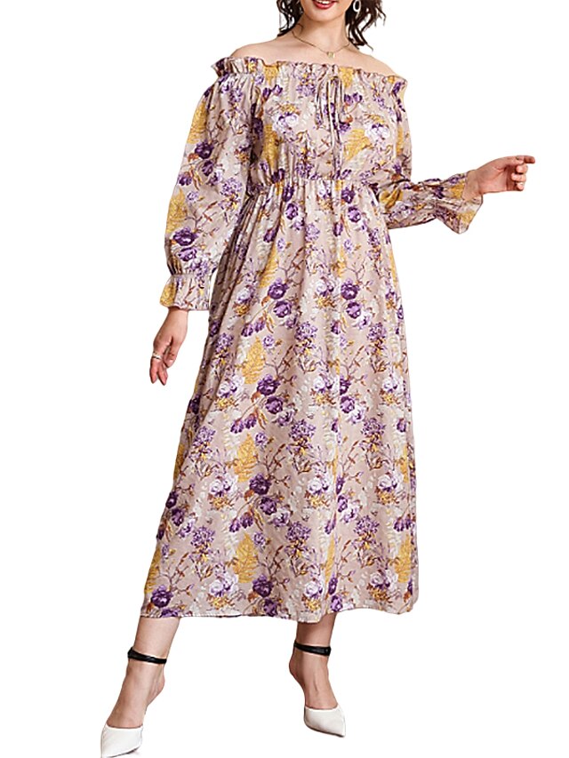 Mujer Talla Grande Vestido de verano Hoja Hombros Caídos Manga Larga  Primavera Casual Vestido largo maxi Vestido 8938389 2021 – $32.12