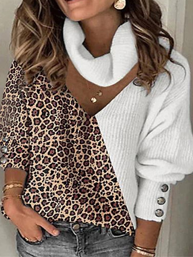  Women's Pullover Sweater Jumper Ribbed Knit Button Thin V Neck Leopard Daily Going out Stylish Casual Drop Shoulder Winter Fall Black Blue S M L