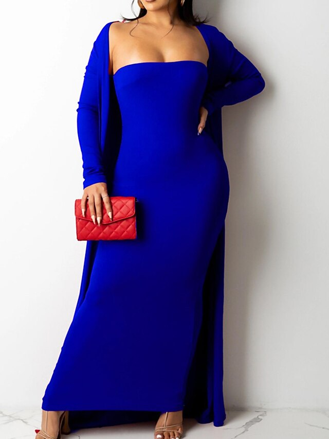 Womens Clothing Womens Dresses | Womens Sheath Dress Maxi long Dress Blue Black Red Brown Yellow Long Sleeve Pure Color Backless