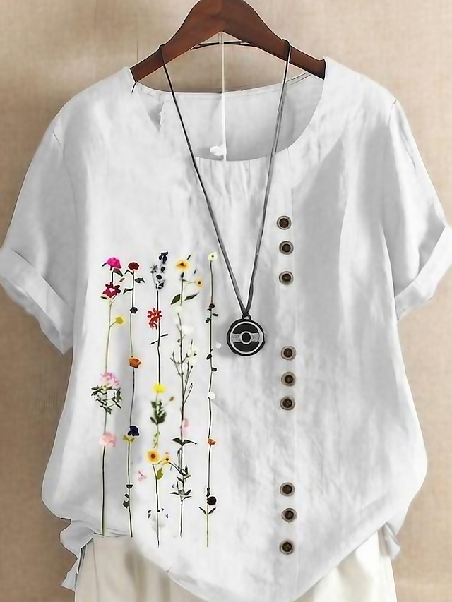  نسائي قميص قميص كتان بلوزة ورد الرسم مناسب للبس اليومي أبيض كم قصير عتيق كاجوال رقبة عالية مدورة الصيف الربيع