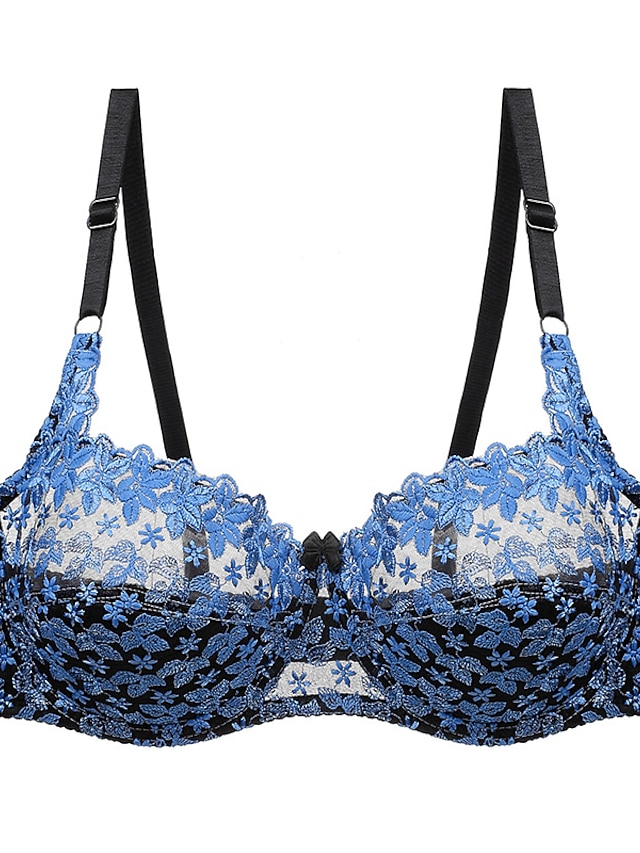  Women's Lace Bras Underwire Bras Fixed Straps Adjustable Full Coverage V Neck Breathable Push Up Pure Color Flower / Floral Hook & Eye Date Casual Daily Nylon Sexy 1PC White Blue / Bras & Bralettes