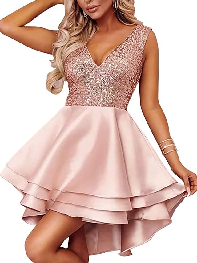  A-Line WE Party Dress Homecoming Cocktail Party Asymmetrical Sleeveless V Neck Pink Dress Satin with Sequin Tiered 2024