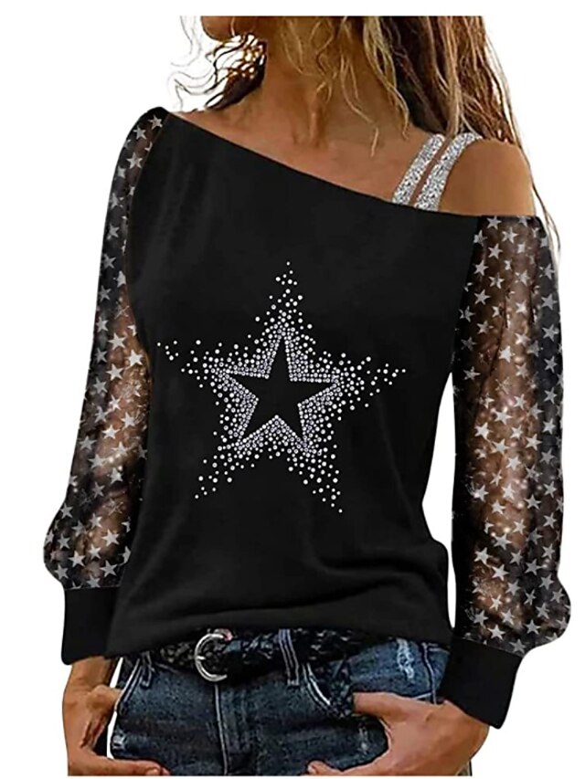 Womens Clothing Womens Tops | Womens Casual Weekend Painting T shirt Tee Heart Music Star Long Sleeve Mesh Patchwork Cold Should