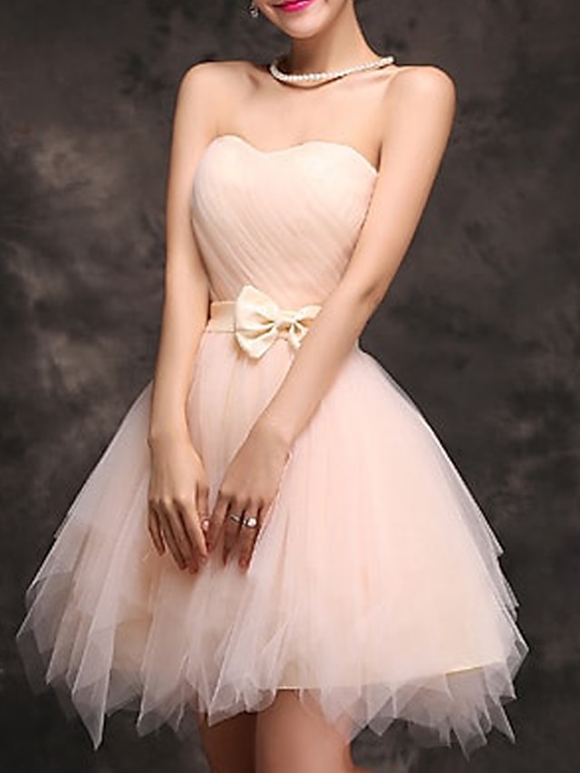  Βραδινή τουαλέτα Κοκτέιλ Φορέματα Βίντατζ Φόρεμα Επισκέπτης γάμου Καλωσόρισμα Κοντό / Μίνι Αμάνικο Καρδιά Τούλι με Φιόγκος(οι) Βολάν Καθαρό Χρώμα 2024