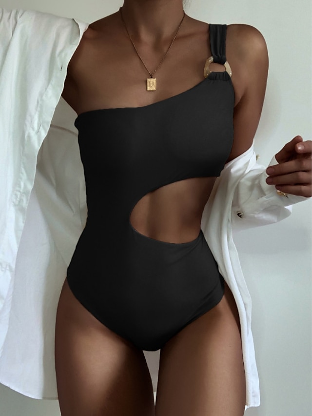  Women's Swimwear One Piece Monokini Bathing Suits trikini Normal Swimsuit Solid Color Cut Out Hole Black Beige Off Shoulder Padded Bathing Suits Vacation Sexy New / Padded Bras