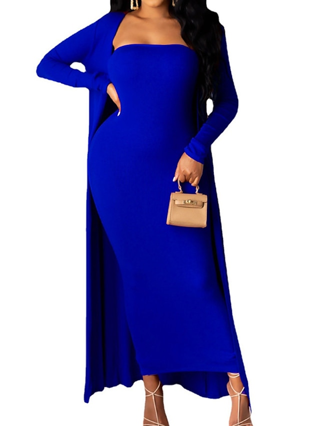 Womens Clothing Womens Dresses | Womens Sheath Dress Maxi long Dress Blue Black Red Brown Yellow Long Sleeve Pure Color Backless