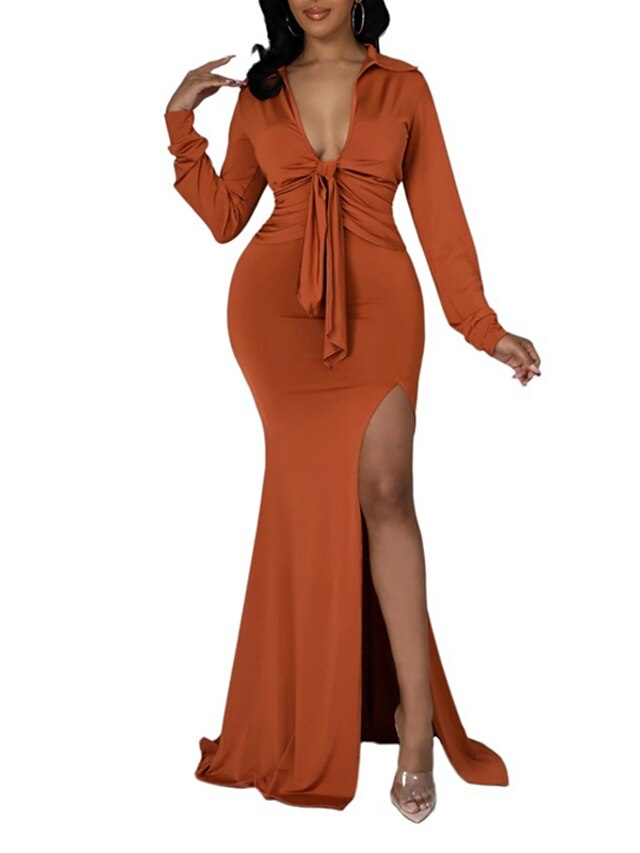 Womens Clothing Womens Dresses | Womens Sheath Dress Maxi long Dress Green Black Orange Long Sleeve Pure Color Split Ruched Lace